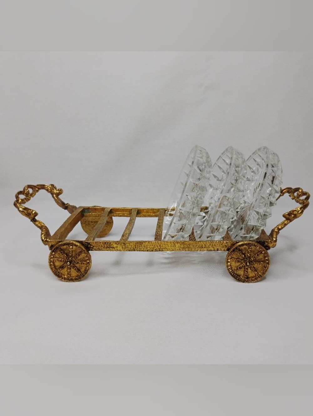 Vintage Bohemia Glass Czechoslovakian Crystal Coasters Set With Gold Plated Cart - Picture 2 of 16